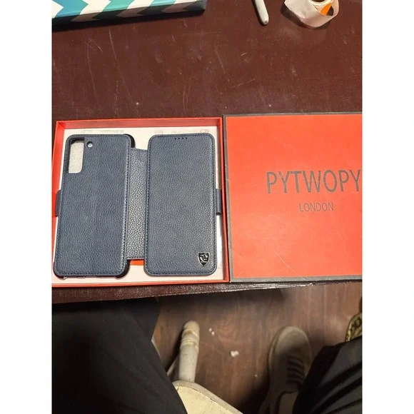 PYTWOPY London Navy Blue Leather Wallet Folio Phone Case with Screen Protector - Picture 1 of 5